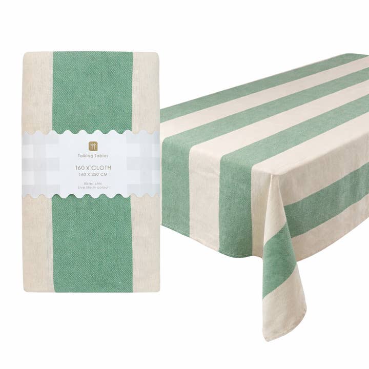Green Stripe Cotton XL Tablecloth - 160cm x 250cm | Spring | for wholesale by Talking Tables UK - Home, Party, Games and Seasonal Decor