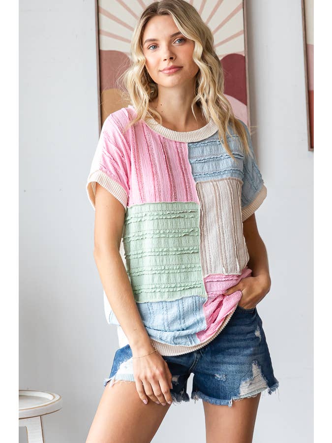 7th Ray - Wholesale Knit Top - Women's - Color Block Textured Patchwork Short Sleeve Top T594415