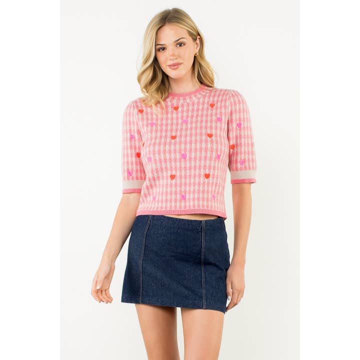 Short Sleeve Heart Embroidered Knit Top for wholesale by THML