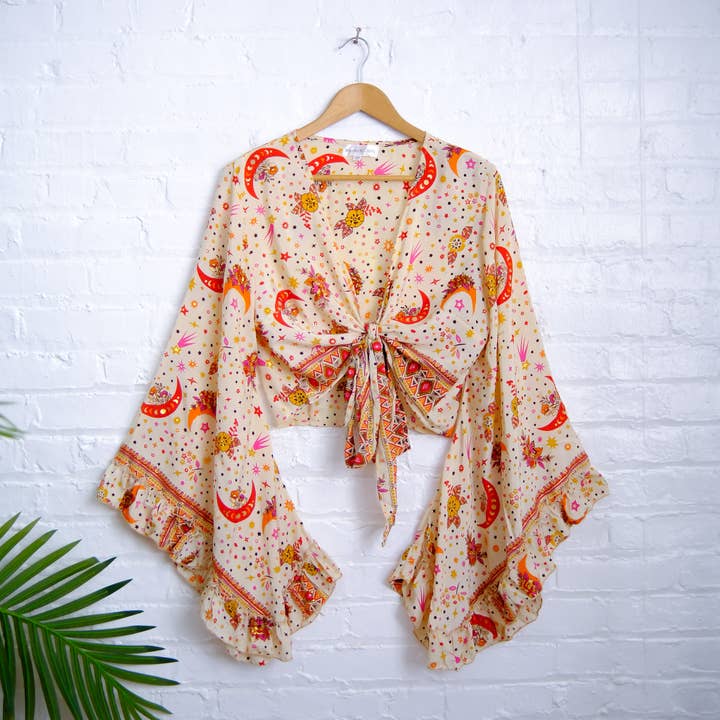 Karma Nepal Crafts - Wholesale Blouse - Dames - Hemelse wikkeltop met ronde mouwen en ruches in Boheemse stijl16