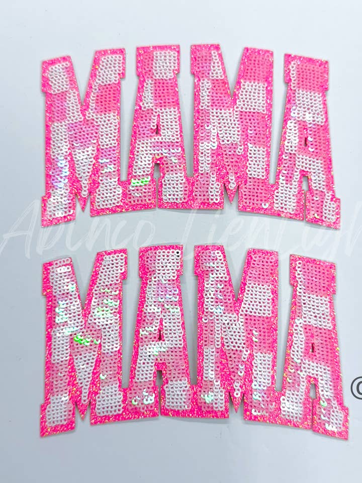 Mama Bright Neon Pink Checkered Sequins Iron On Patch for wholesale by ABLNco