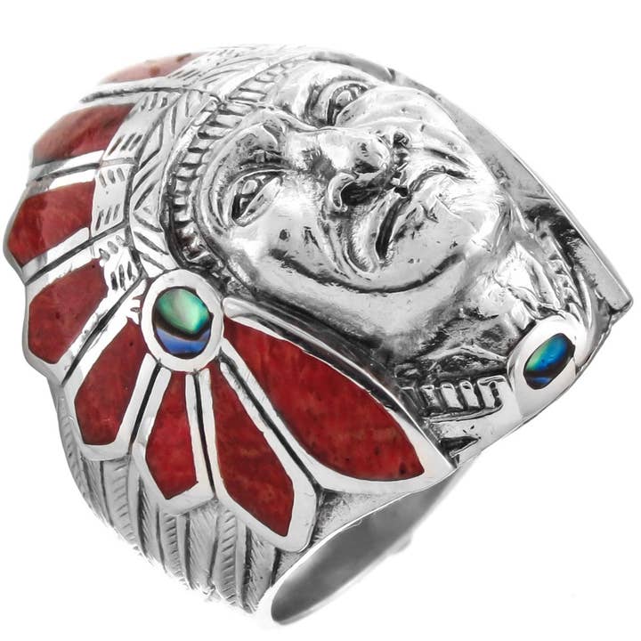wide heavy native american indian chief red coral 925 sterling silver ring for wholesale by FifiRose