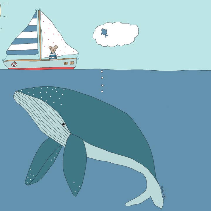 Lykønskningskort „Lille mus og hvalen“ for engroshandel hos Elle Bee Art Studio