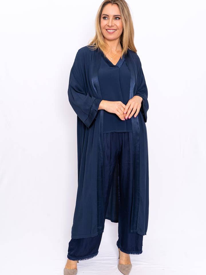 Mika - Navy Satin trim duster coat for wholesale by The Italian Closet