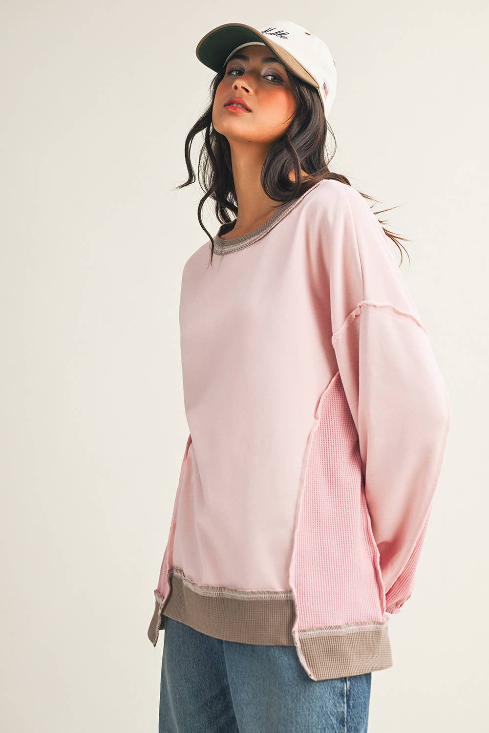 Little Daisy Closet - Wholesale Sweatshirt - Women's - Block Mix Texture Waffle Patchwork Oversize Sweatshirt 3