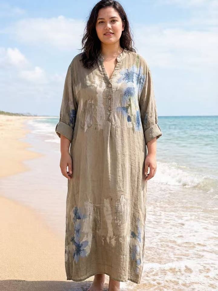 Lea & Luc - Grandes Tailles - Wholesale Jurk - Dames - Jurk met bloemenprint van 100% linnen REF. 7223026