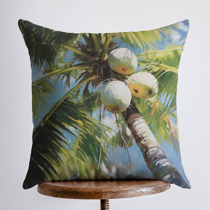 Kokospalme | Gouache Maleri | Palmetræ | Tropisk Oase | Pyntepude | Strand | Hjemmedekoration | Gave til Hende | Pudebetræk | Rejsegave for engroshandel hos UniikPillows