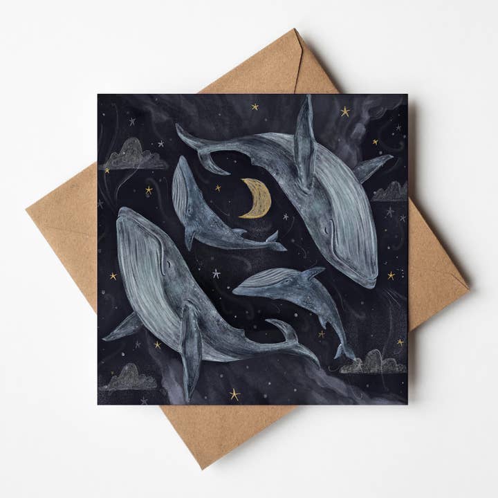 Dreamy Whales Greeting Card for wholesale by Helen Drake Illustration