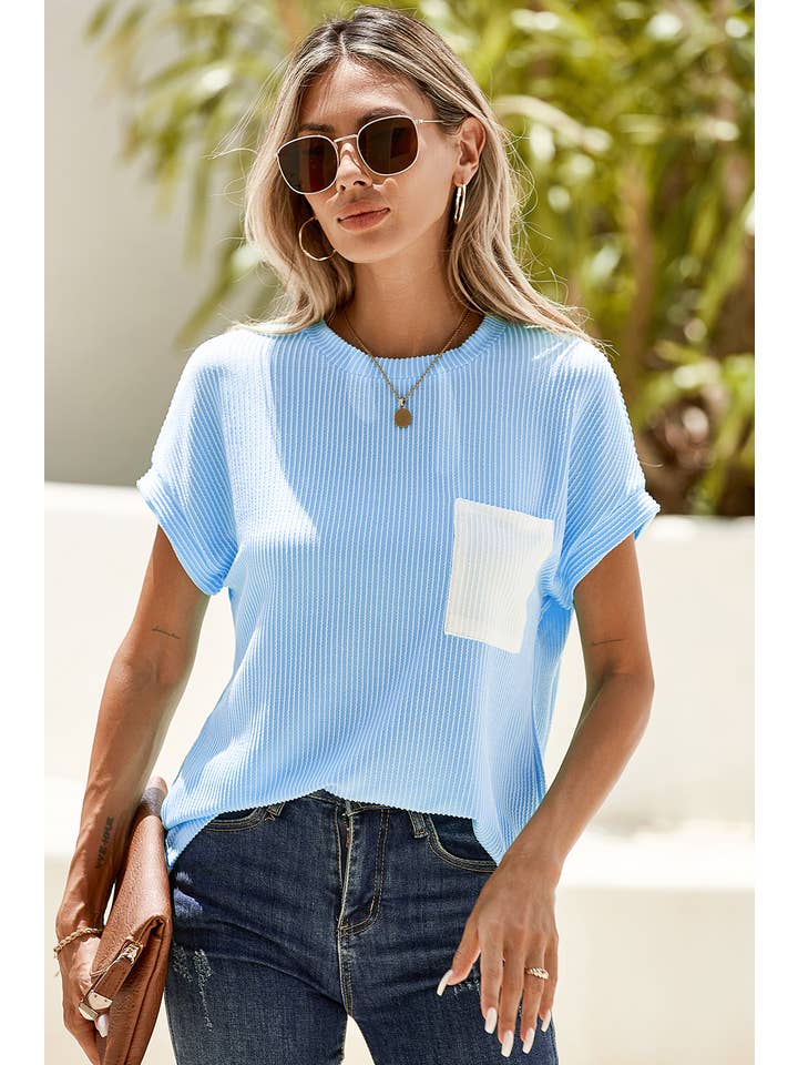 Little Daisy Closet - Wholesale Knit Top - Women's - LDC Corded Knit Color Block Pocketed Crew Neck T Shirt