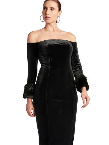 Joia Dress: Velvet-off-the shoulder long slv. midi - black for wholesale by Simona Maghen
