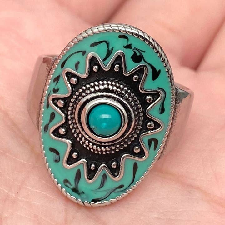 Bohemian Green Enamel Stainless Steel Ring - MJ/MR for wholesale by Mio Queena