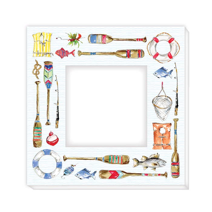 Lake House Icons Fish Oars Life Jackets Frame 4x4-White for wholesale by RosanneBeck Collections