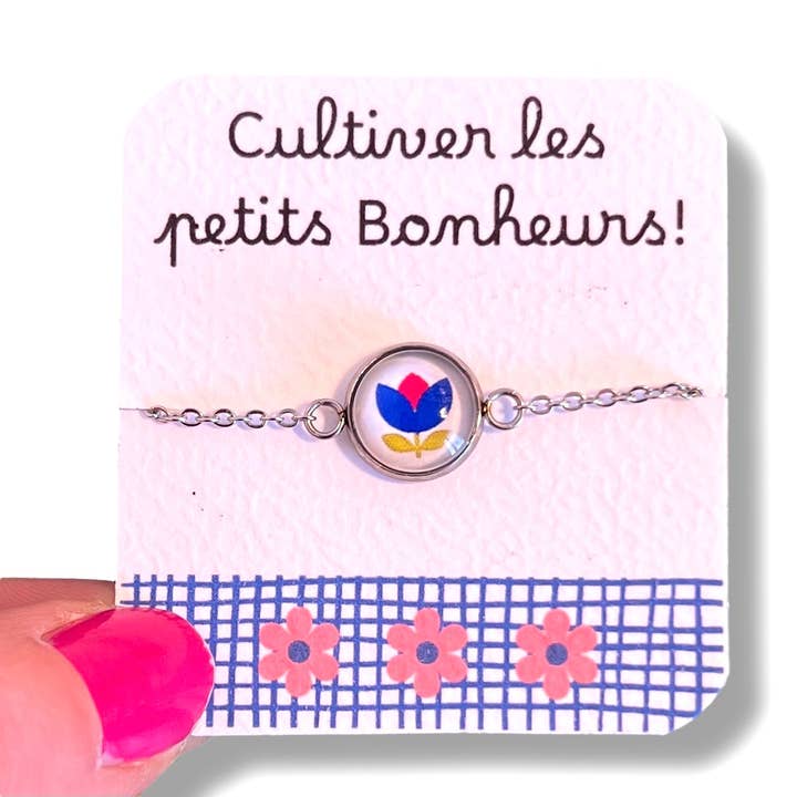 Stainless Steel Child Bracelet, blue and pink flower / "Cultivate the little joys!" for wholesale by Dans l'Air du Temps Bijoux