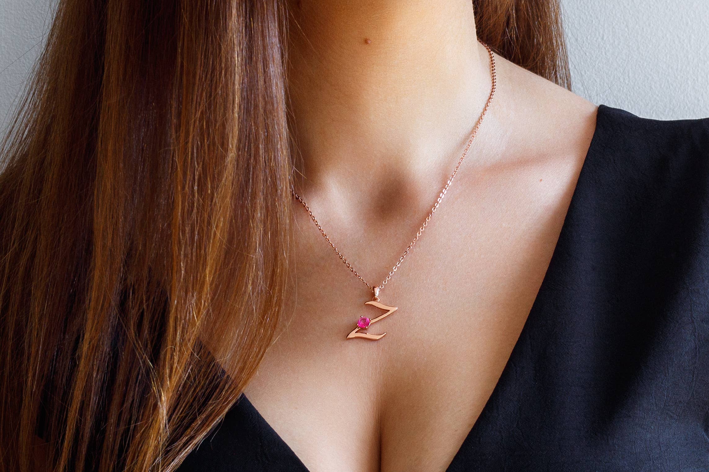 Thesoftcheek Jewelry - Wholesale Pendant/Charm Necklace - Initial Letter Necklace Silver Rose Gold Vermeil- Pink Topaz18