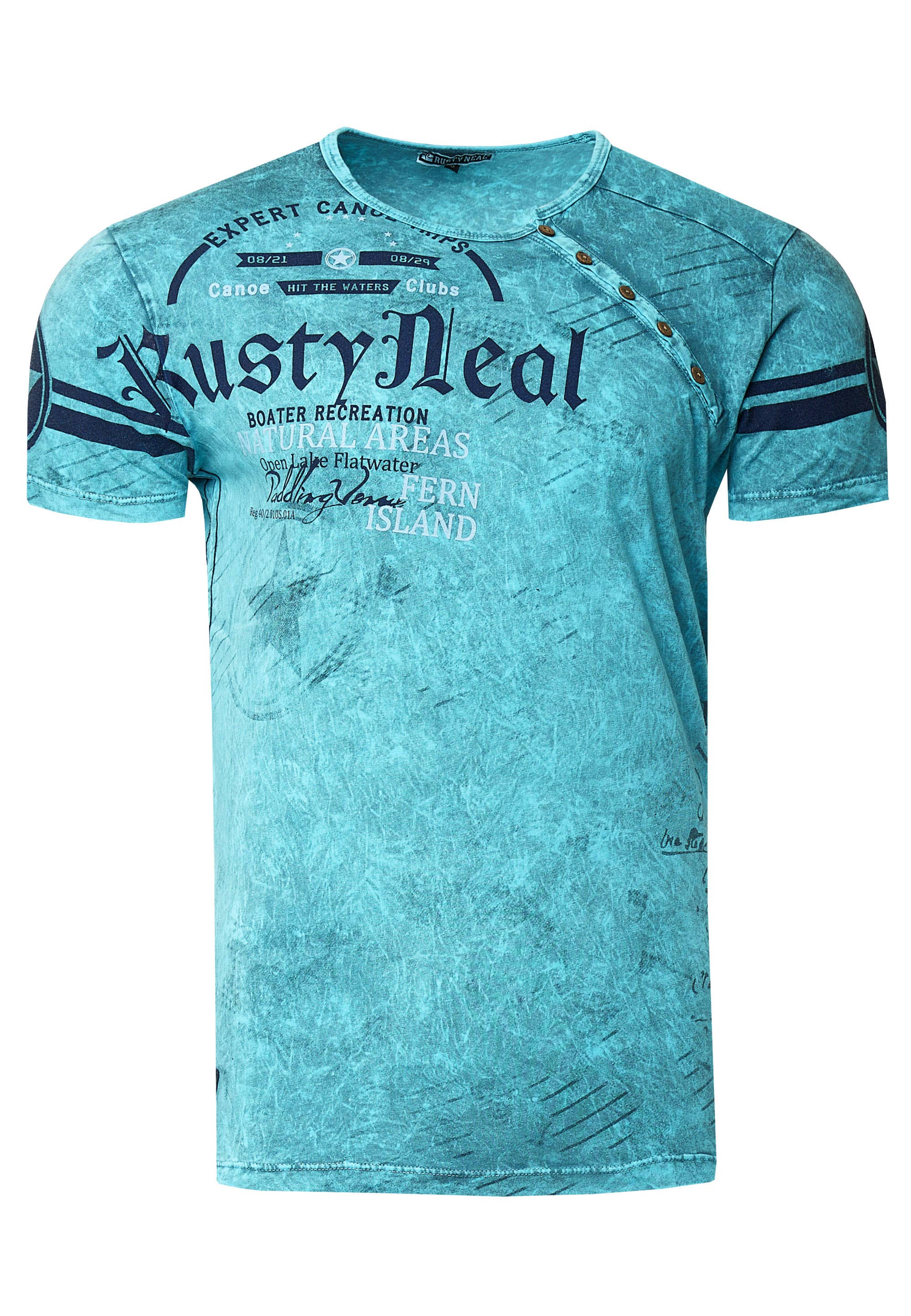 Rusty Neal - Wholesale Screen Printed T-Shirt - Men's - T-shirt with side button placket and logo print 2457