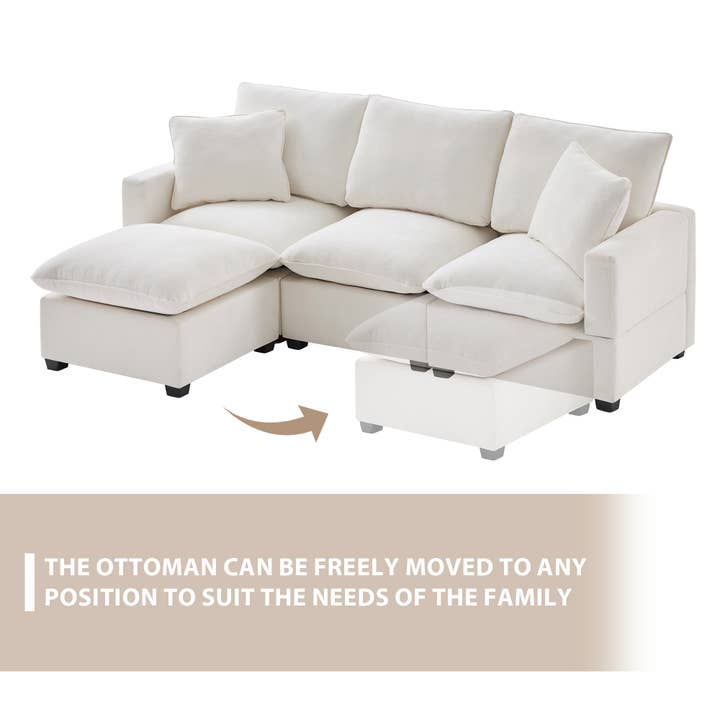 White Modern Modular 4-Seat Chenille Sectional Sofa with 2 Pillows for wholesale on Faire