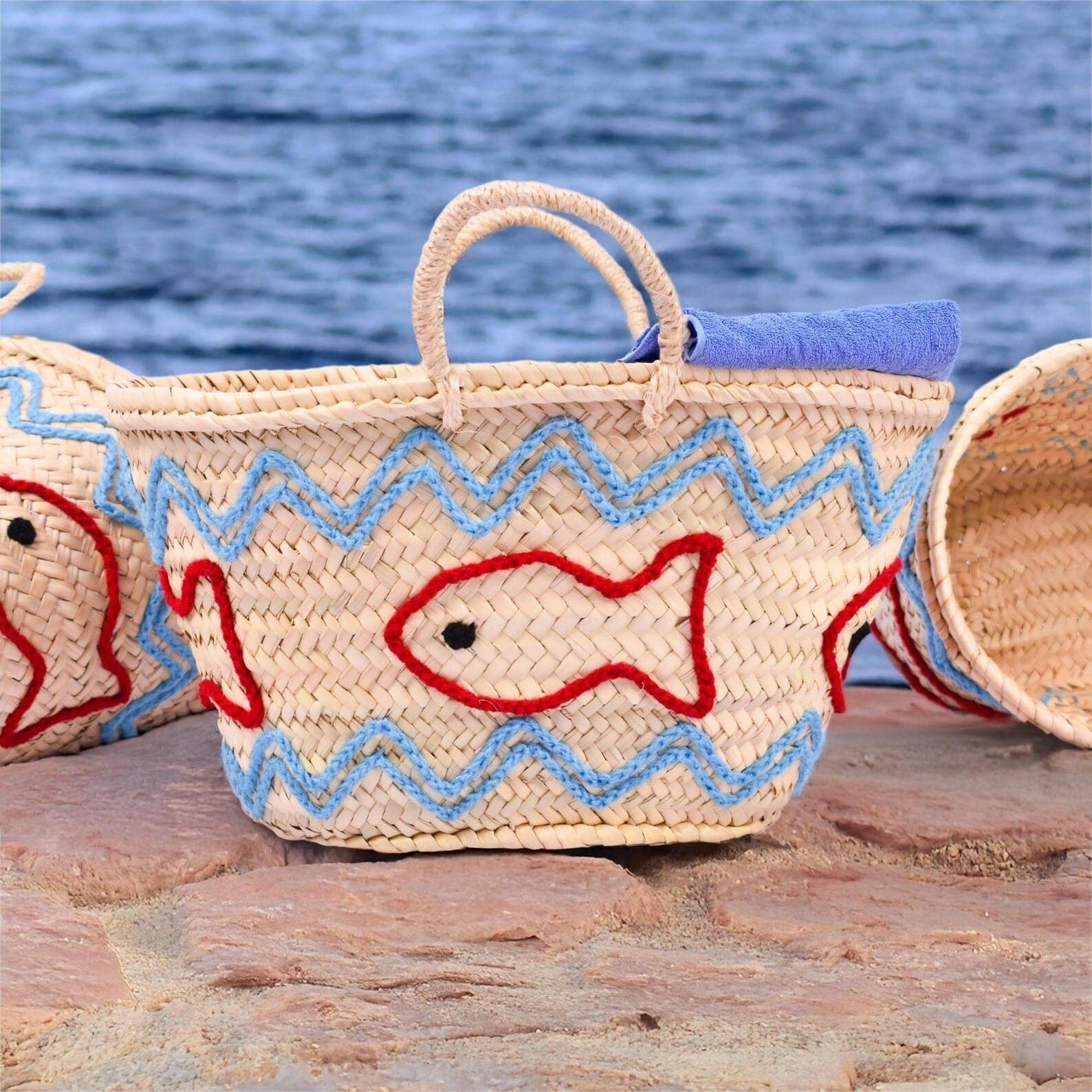 DarKech - Wholesale Beach bag - Handwoven Straw Market Basket with Fish Embroidery 2