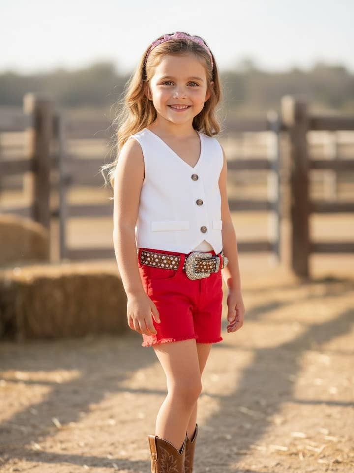 Red denim short with distressed hem. PNG25133011 SOL for wholesale by Kids Charm Online