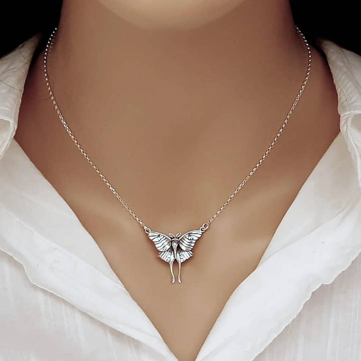 Luna Moth Necklace – Sterling Silver Moth Pendant on 18" Chain for wholesale by CY Design Studio
