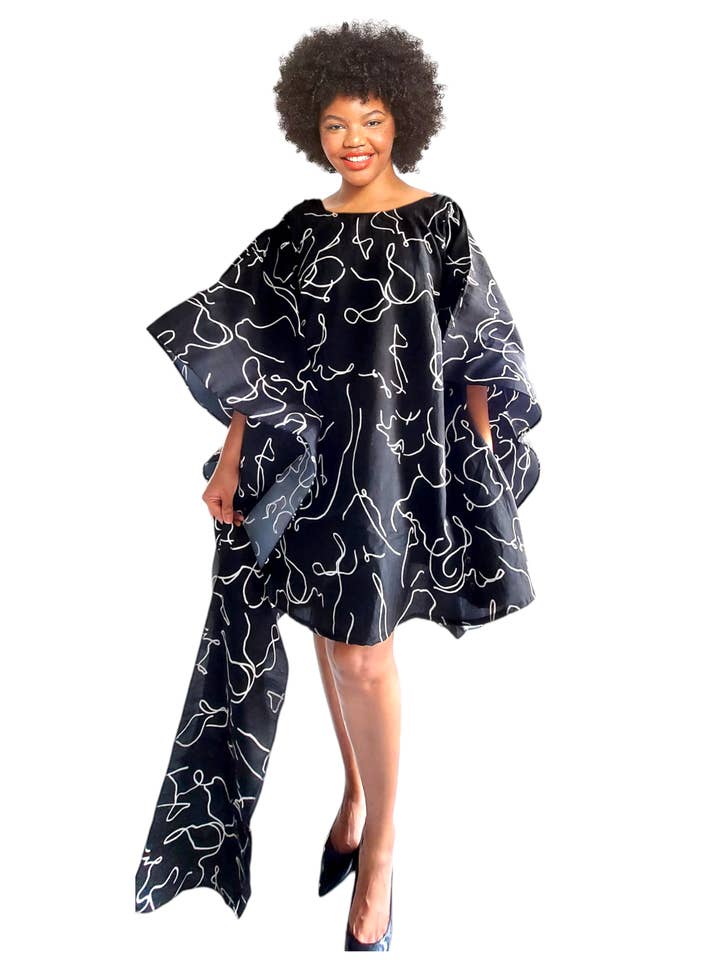 Faux Silk Wing Dress/Poncho Dress/ Wing Sleeves-Printed 25032F for wholesale by India Batik