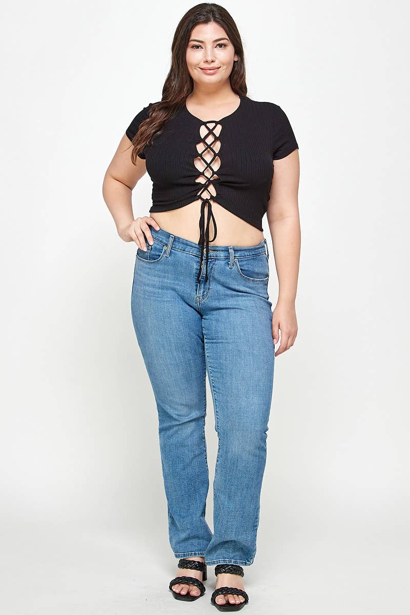 Haute Fox Plus Size & Contemporary – wholesale Stickad topp - Dam – Plus Size Ribbad Snörtopp - WG18043-T2