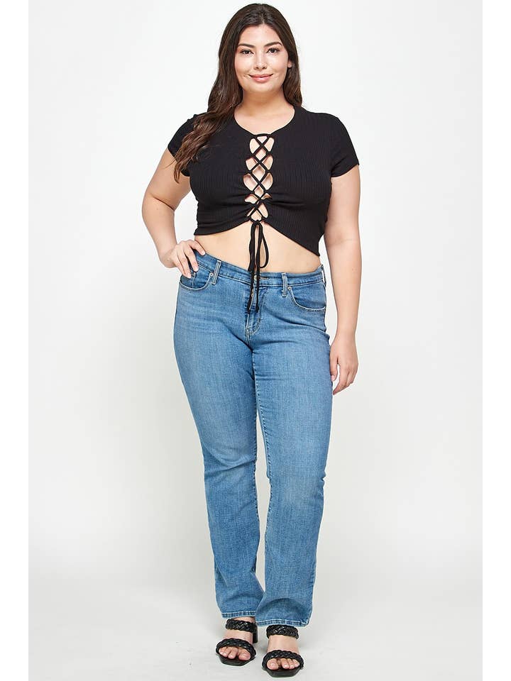 Haute Fox Plus Size & Contemporary – wholesale Knit top – Women's – Plus Size Ribbed Lace-Up Crop Top - WG18043-T2