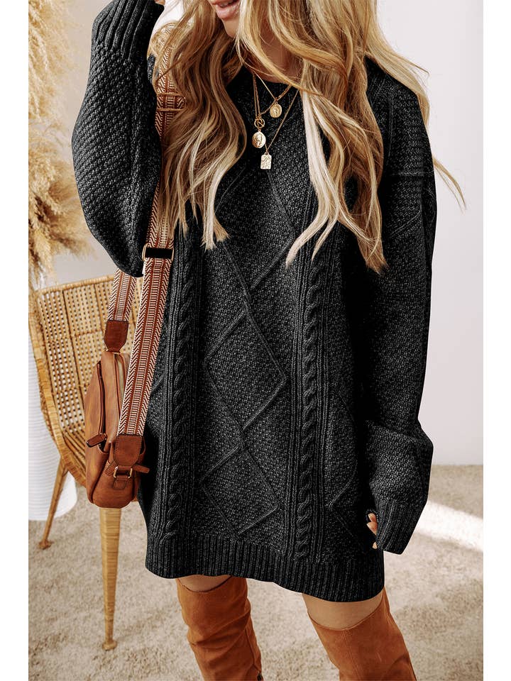 Little Daisy Closet - Wholesale Tunic Sweater - Women's - LDC Cable Knit Drop Shoulder Loose Fit Sweater Dress