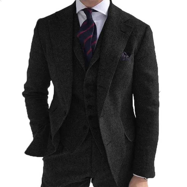 3-Piece Black Herringbone Tweed Suit | Black Suit For Men for wholesale on Faire3