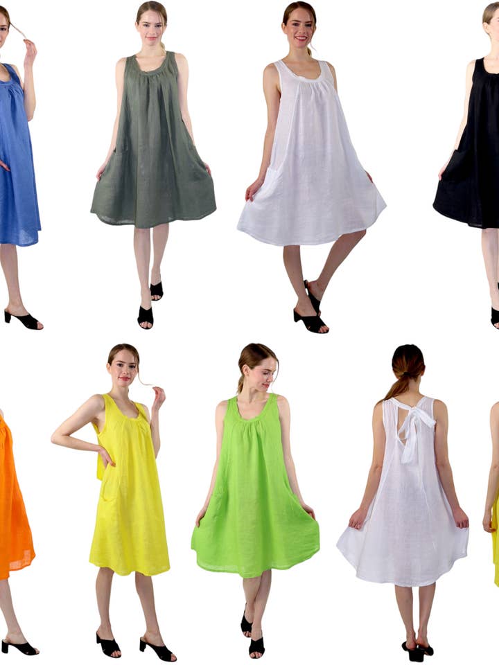 2181 - Washed Linen Dress with Pockets, Midi linen Dress (Co for wholesale by LINEN AND GAUZE