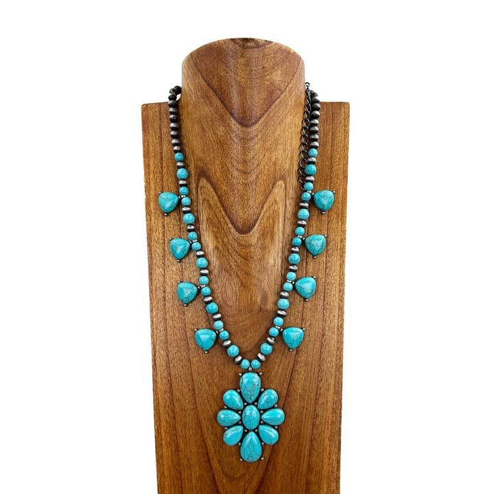 NKY221015-02-BLUE 24 Inches blue turquoise stone and silver Navajo pearl beads necklace with blue turquoise stone concho pendent for wholesale by Western Elite Jewelry