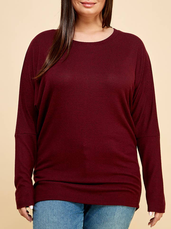 Gebürstetes Strickoberteil mit langen Dolmanärmeln in Übergröße, 12739 für den Großhandel von Heimious