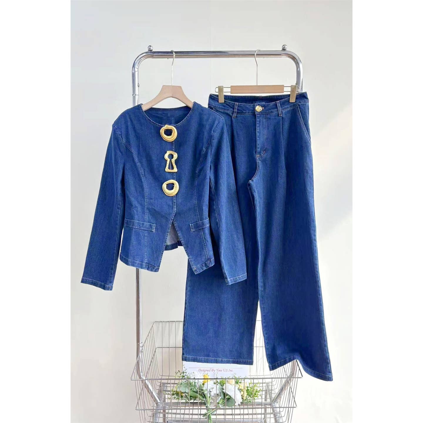 Wholesale X0236LS Gold Statement Button Denim Set for your store - Faire