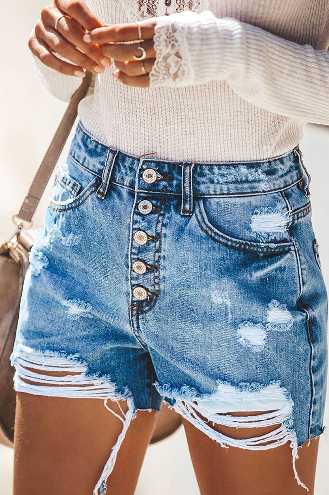 XC487 Light Blue Ripped Short Jeans