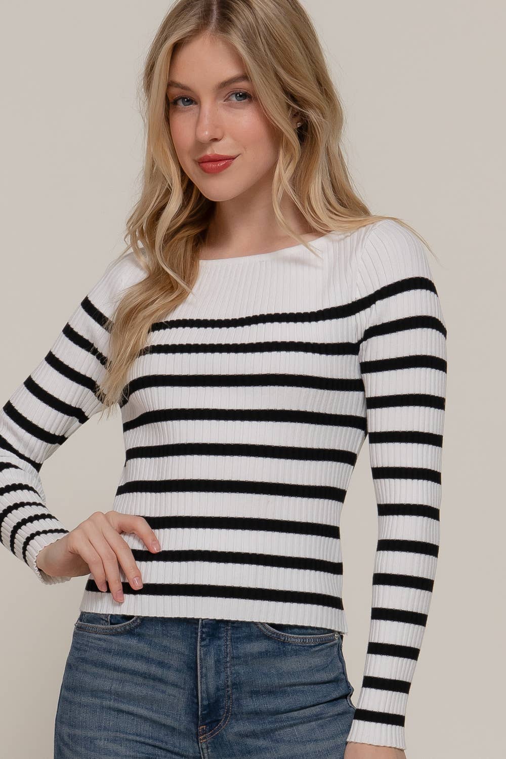 Active Basic | Active USA - Wholesale Knit Sweater - Women's - Long Sleeve Boat Neck Stripe Sweater2