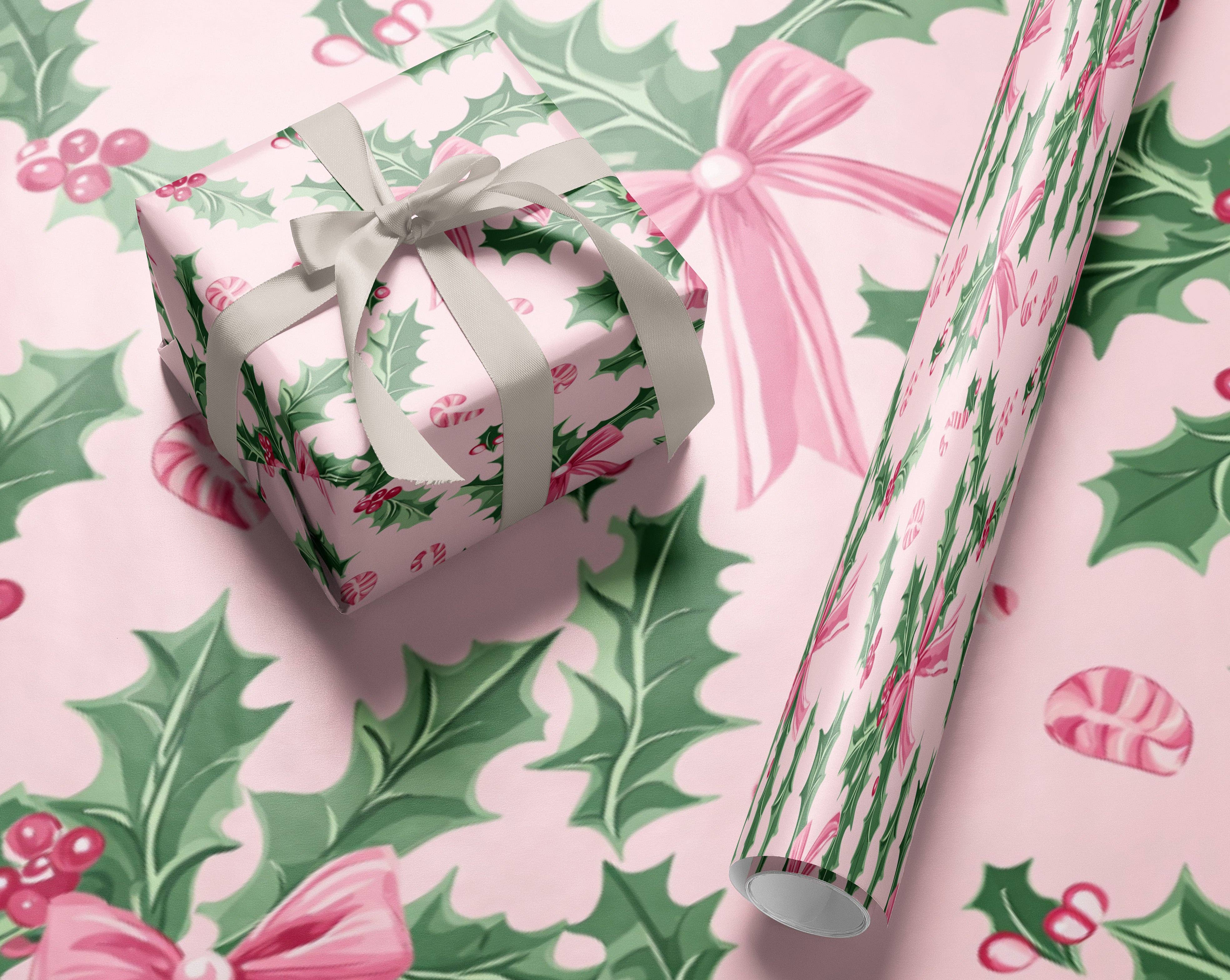 MagicMerchEmporium - Wholesale Wrapping Paper Roll - Pink Holly & Bows Christmas Wrapping Paper2