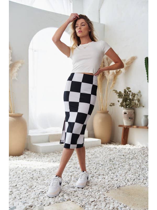 JADE BY JANE - Wholesale Skirt - Women's - BIG CHECKERED PAST KNIT PENCIL MIDI SKIRT W/ SIDE SLIT4