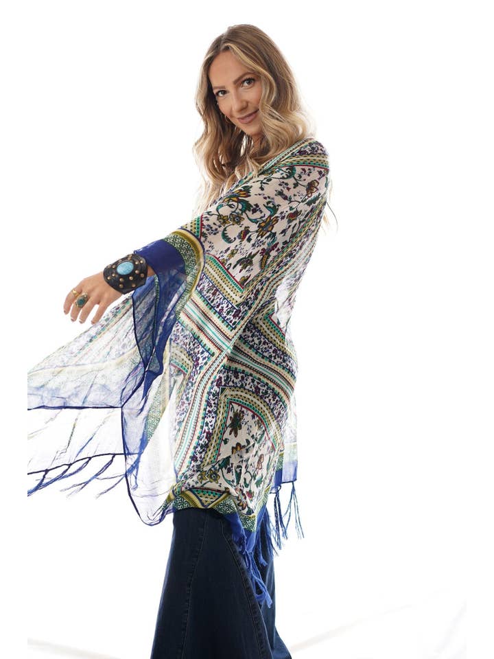 Three Bird Nest - Wholesale Kimono - Women's - Riviera Border Print Kimono - Blue