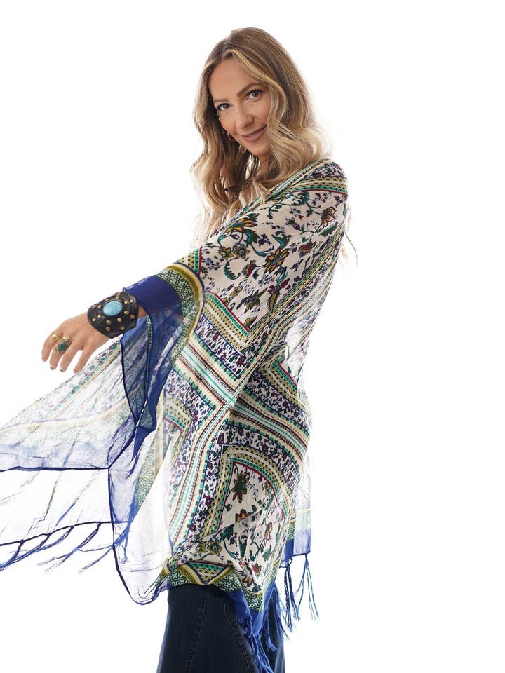 Kimono à imprimé bordure Riviera - Bleu pour la vente par Three Bird Nest