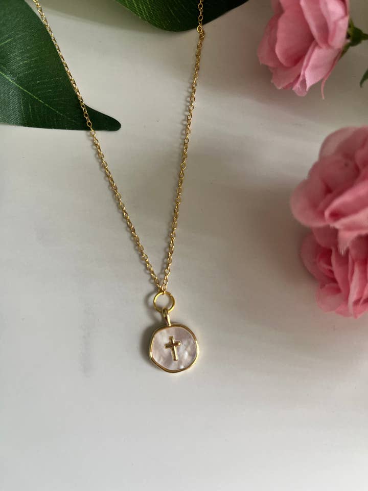 Gold Pearl Cross Necklace – 18K Christian Jewelry for wholesale by Saved By Christ Design