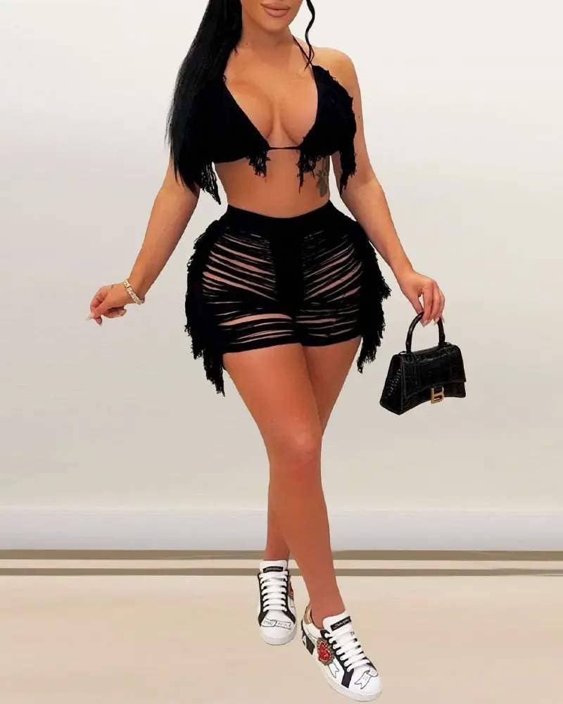 Flarix - Wholesale Loungeset - Dames - set van korte broek met haltersluiting en gescheurde bedekking6