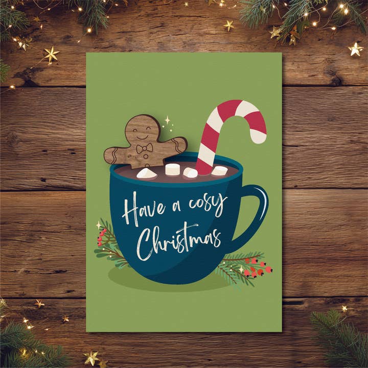 Kerstkaart met peperkoek en warme chocolademelk voor wholesale door KDee Designs