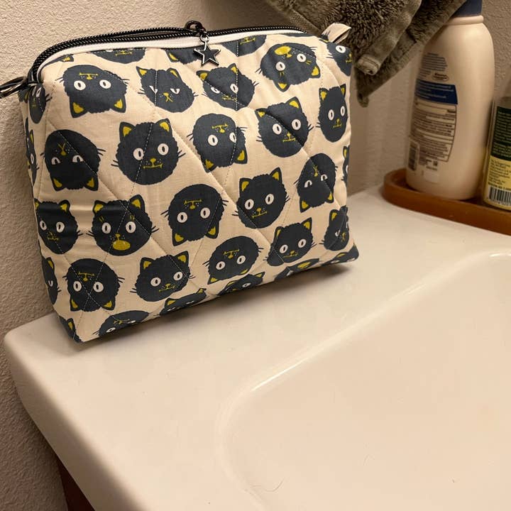 Grey Cat Quilted Makeup Bag for wholesale by Cholla Street Studios