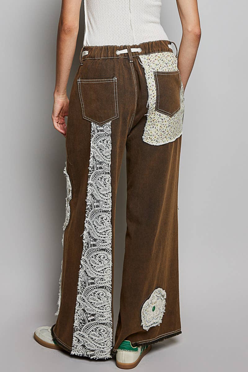 Pol Clothing - Vente Jean – femme - Pantalon en denim à cordon de serrage avec empiècement floral13