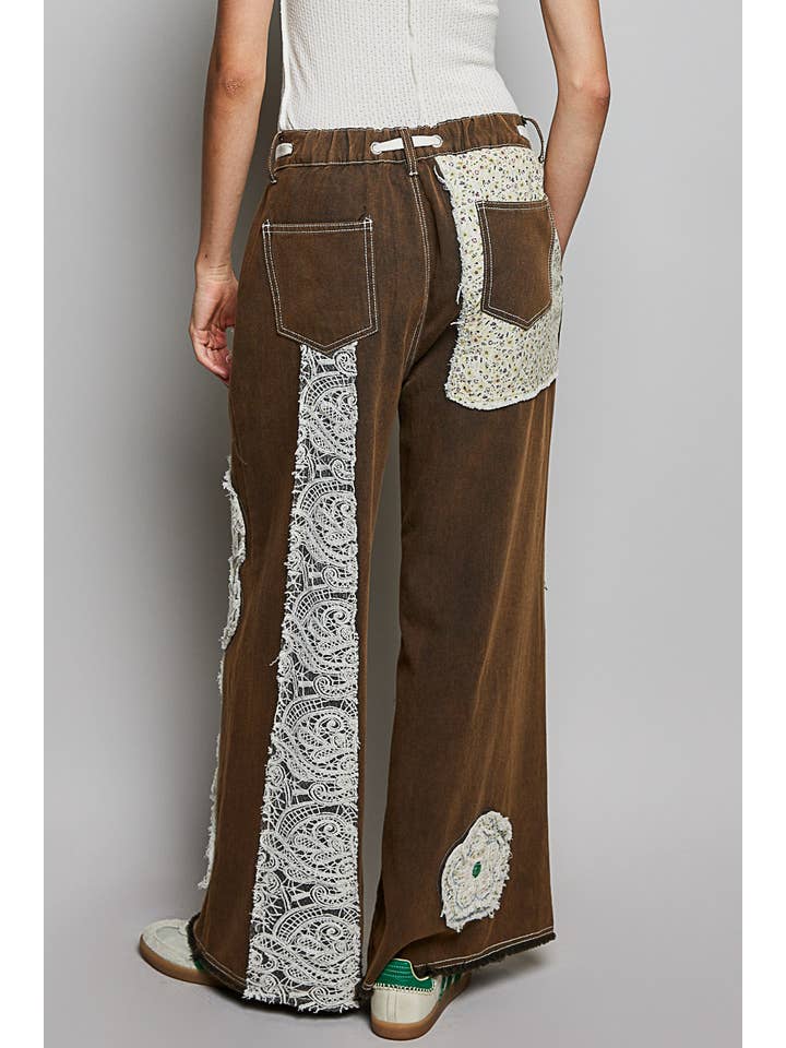 Pol Clothing - Vente Jean – femme - Pantalon en denim à cordon de serrage avec empiècement floral13