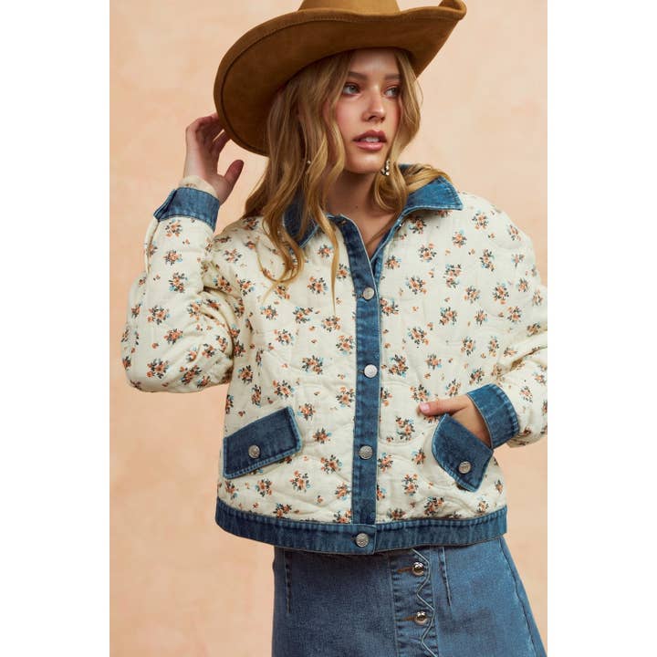 Washed Denim Collared Quilted Floral Jacket for wholesale by IVE