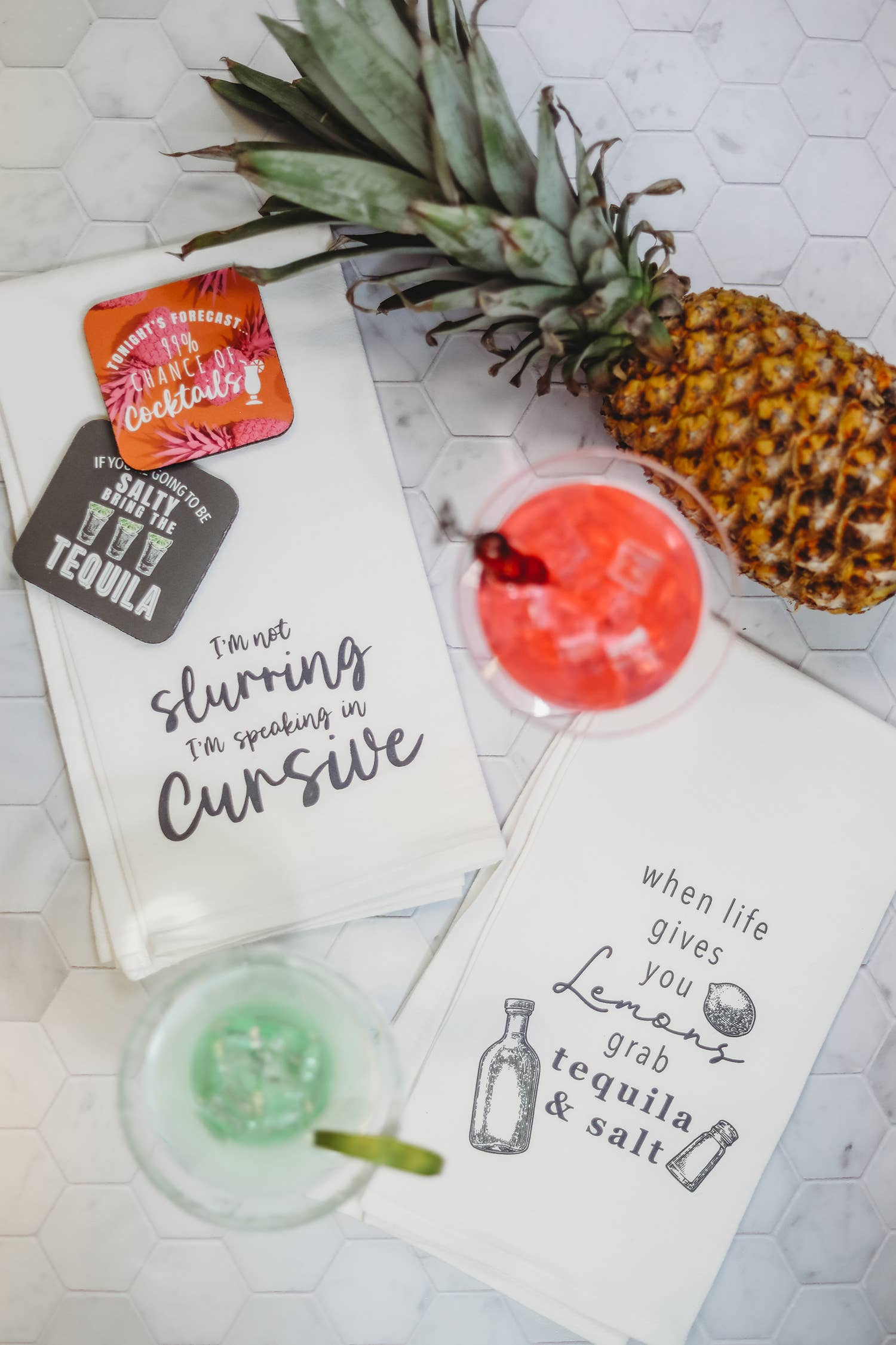 White Drink Ink Kitchen Towel - 99% Chance of Cocktails for wholesale on Faire1