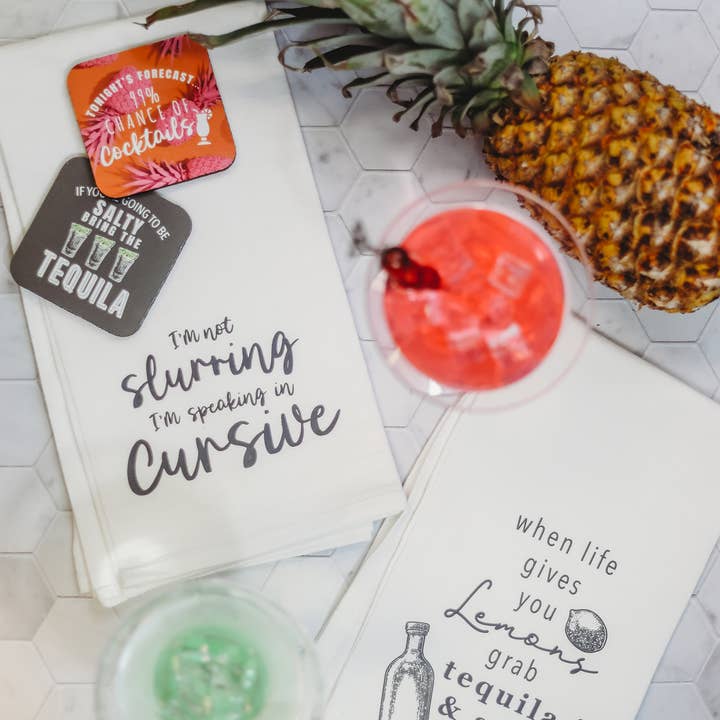 White Drink Ink Kitchen Towel - 99% Chance of Cocktails for wholesale on Faire1