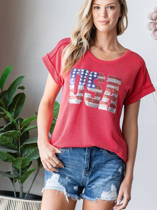 HEIMISH - Wholesale T-Shirt - Women's - ET7822-15 SOLID URBAN RIBB TOP WITH USA SEQUINS PATCH