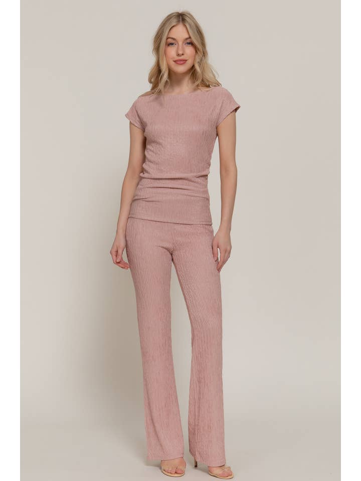 Active Basic | Active USA - Wholesale Top & Pant Set (NOT Loungewear) - Women's - Short Dolman Sleeve Top & Flare Long Pants Wavy Crinkle Set2