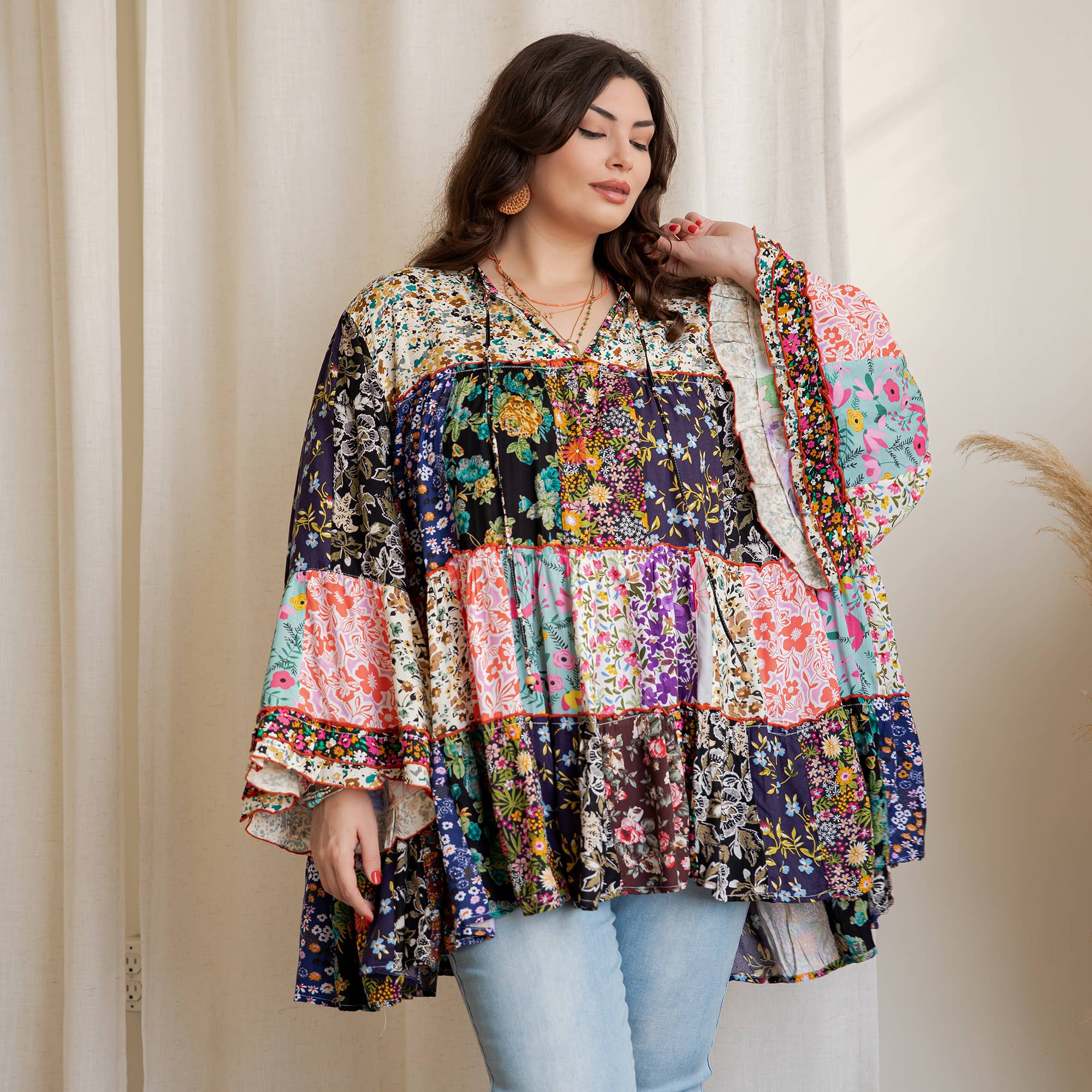 Multicolor Boho Multi-Print Patchwork Floral Tiered Tunic Top IN PLUS for wholesale on Faire12